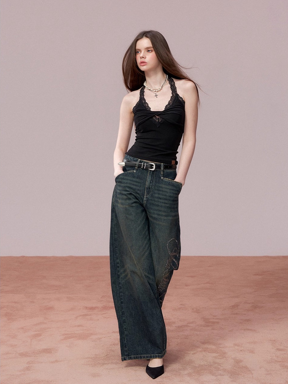 Embellished Rhinestone Vintage Wide-Leg Jeans