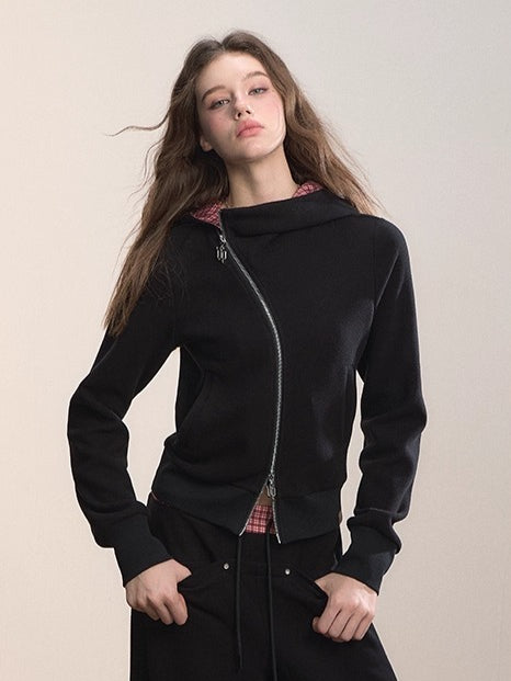 Asymmetric Contrast Collar Zip-up Hoodie - CHINASQUAD