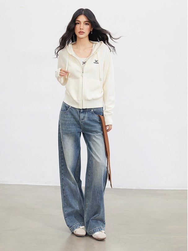 Embroidered Knit Zip-up Hoodie