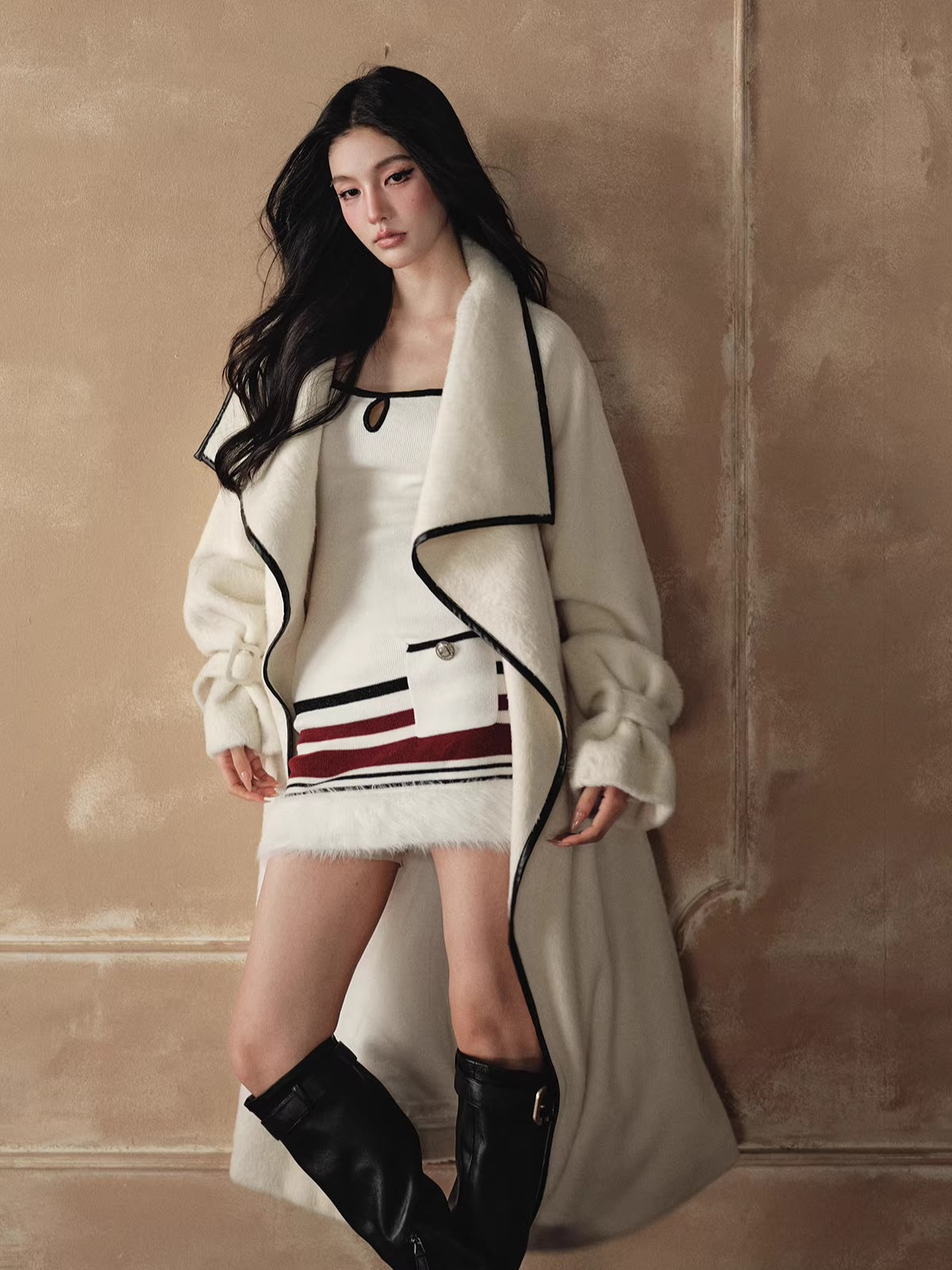 Wool-Blend Long Coat & Striped Slip Dress Set