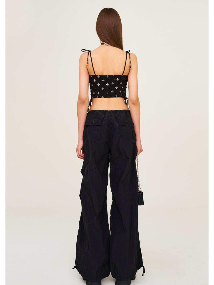 Drawstring Wide-Leg Cargo Workout Pants - CHINASQUAD