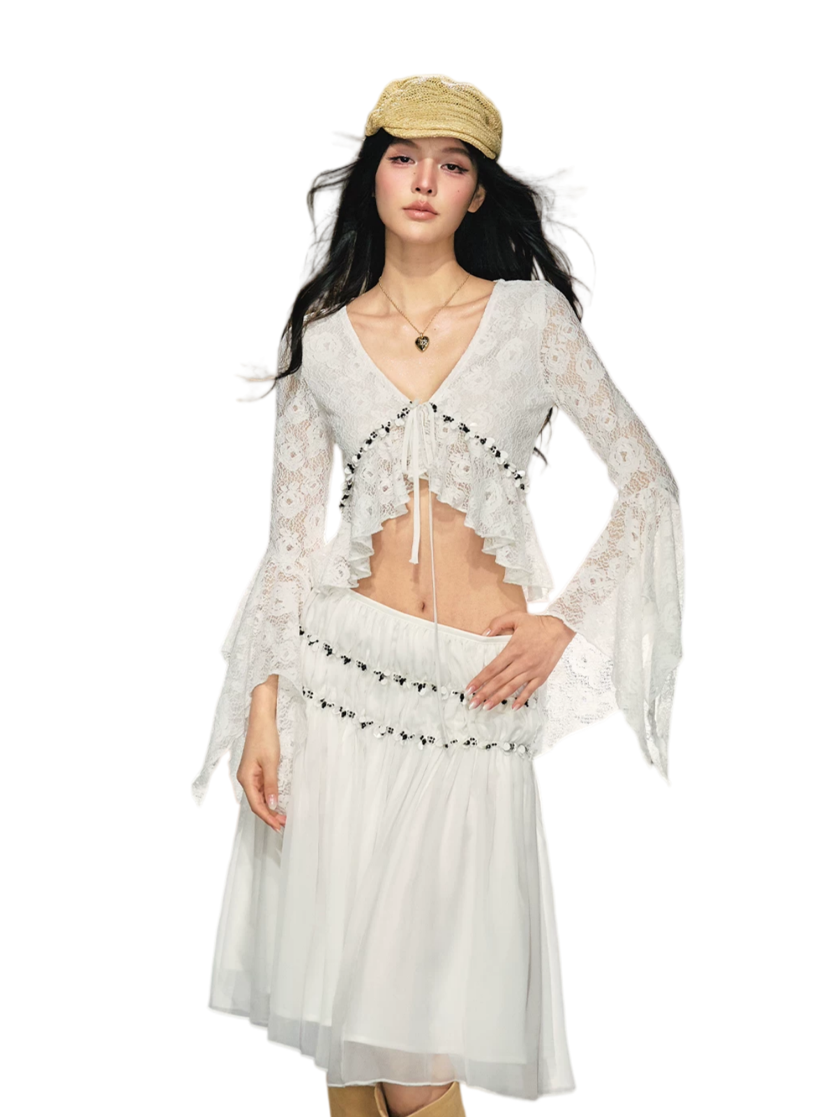 Vintage Sequin Lace V-Neck Blouse& Tulle Skirt Set