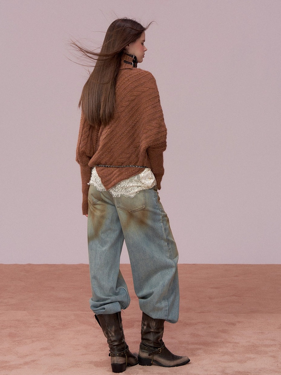 Leather-Buckle Thickened Cape Sweater