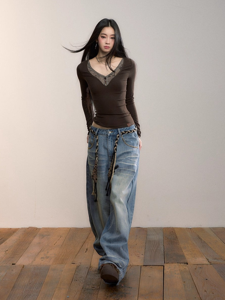 Washed Straight-Leg Denim Pants