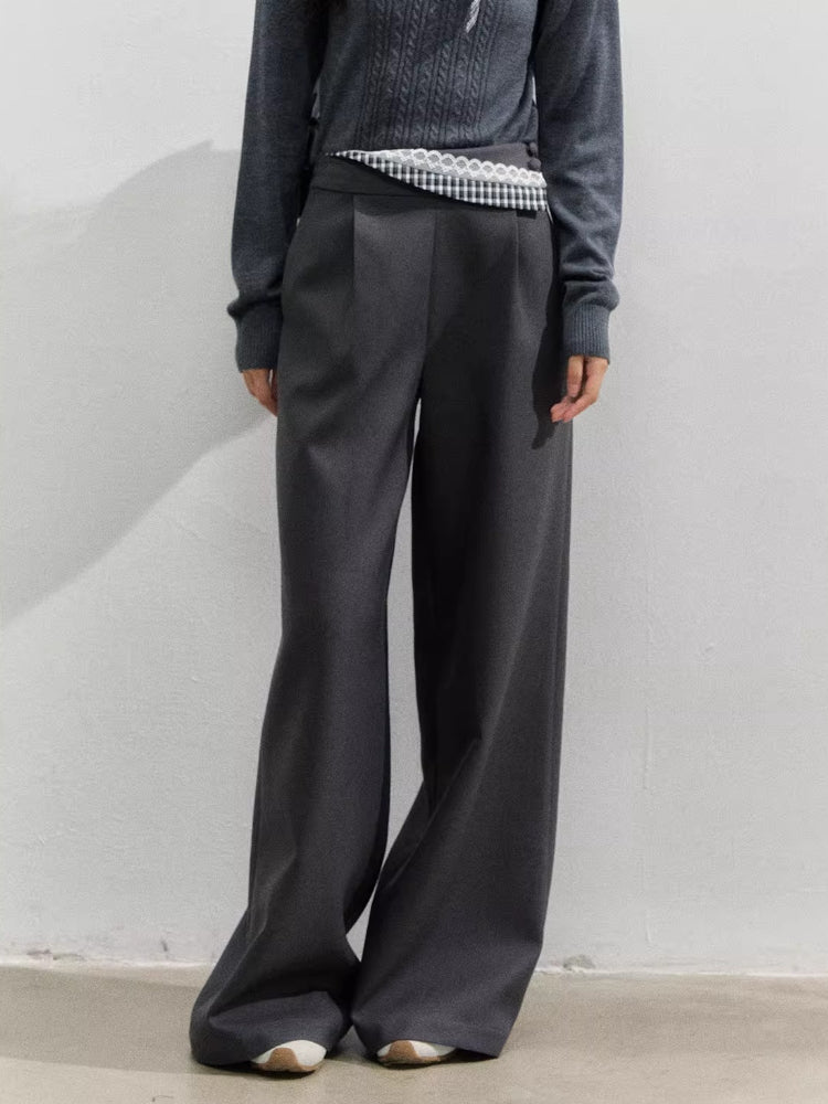 Plaid Panel Fold-Over Waist Straight Pants