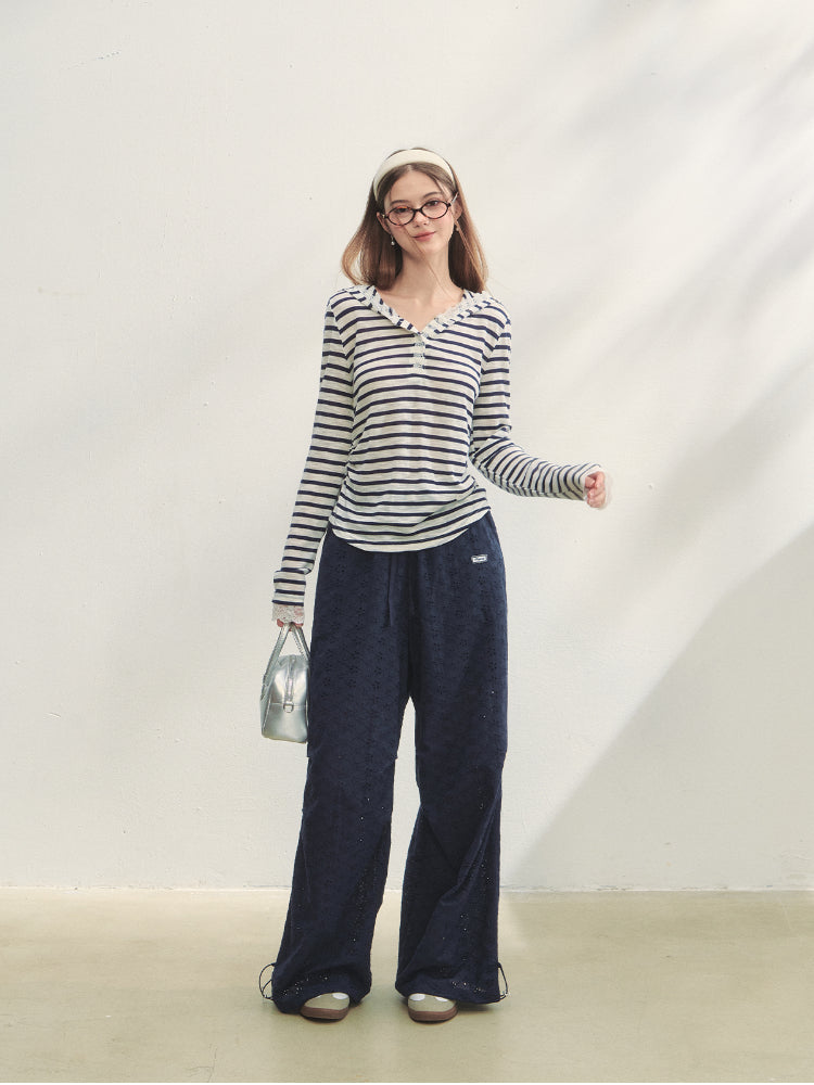 Hollow Embroidery Tie-up Casual Pants - CHINASQUAD