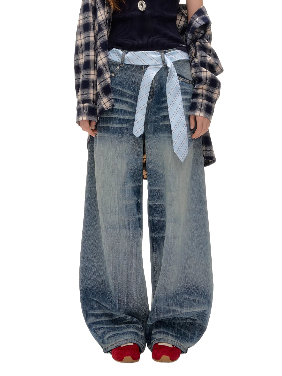 Beaded Tie-Waist Washed Denim Pants - CHINASQUAD