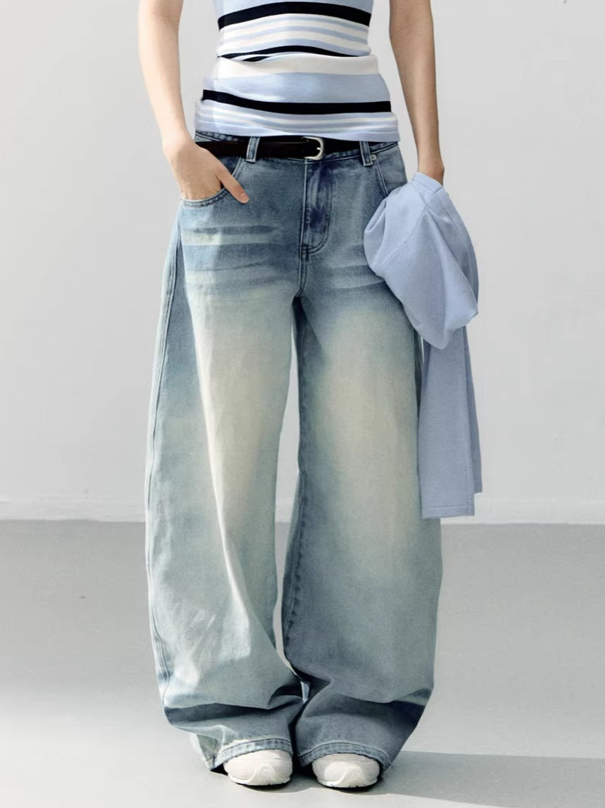 Vintage Blue Washed Wide-Leg Jeans