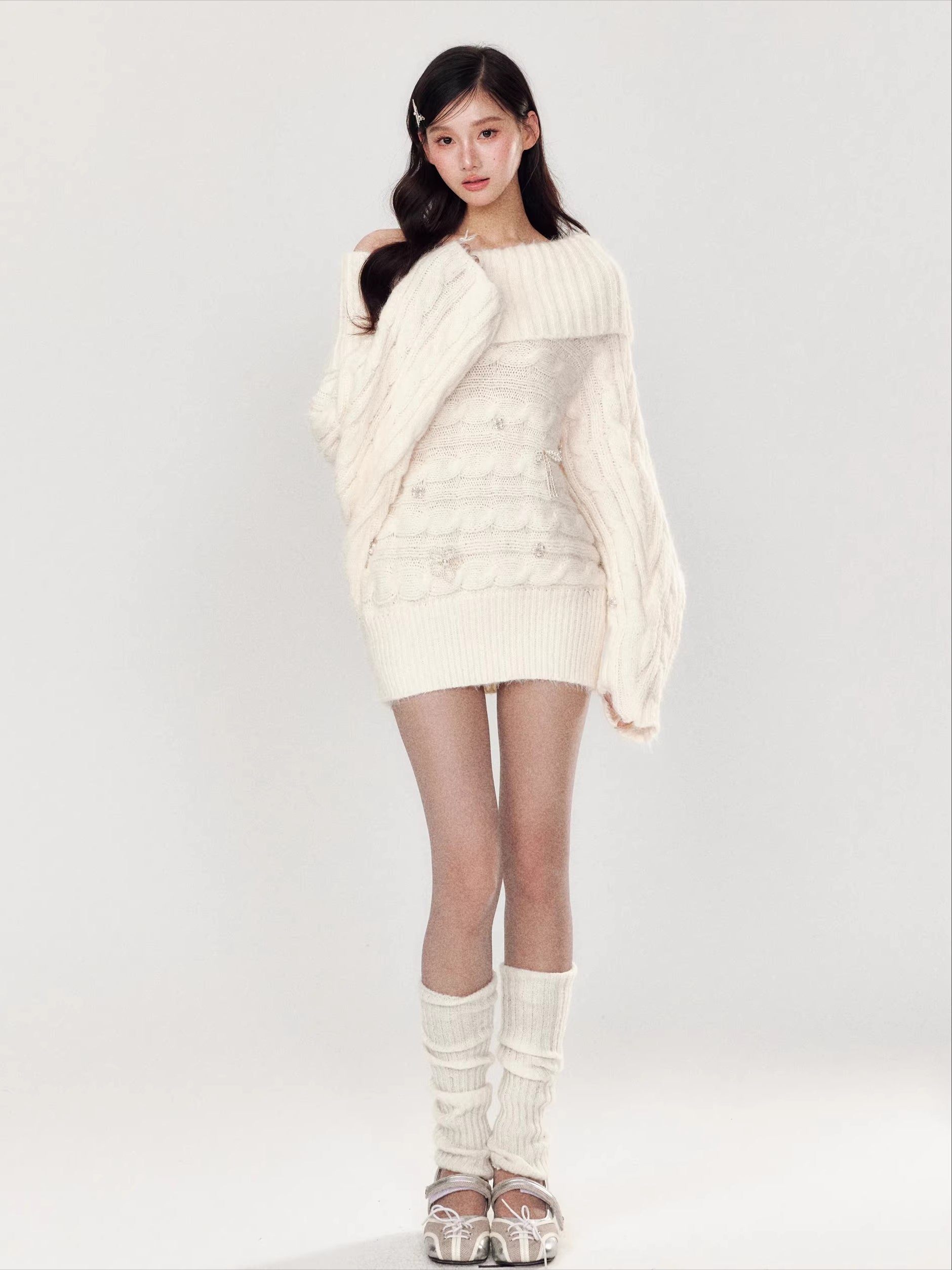 Hand-Embellished Beaded Off-Shoulder Knit Sweater