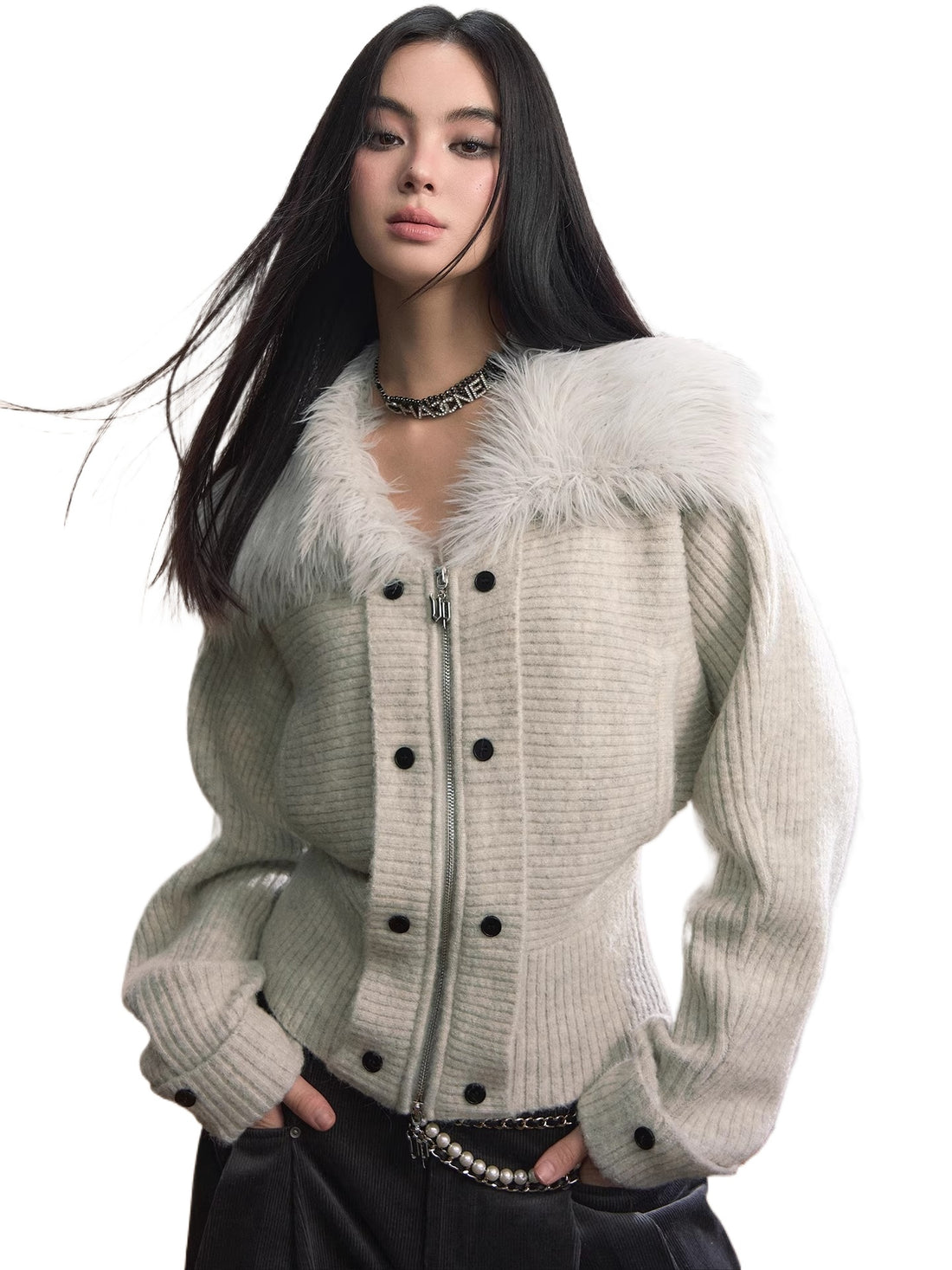 Faux Fur Collar Knit Jacket