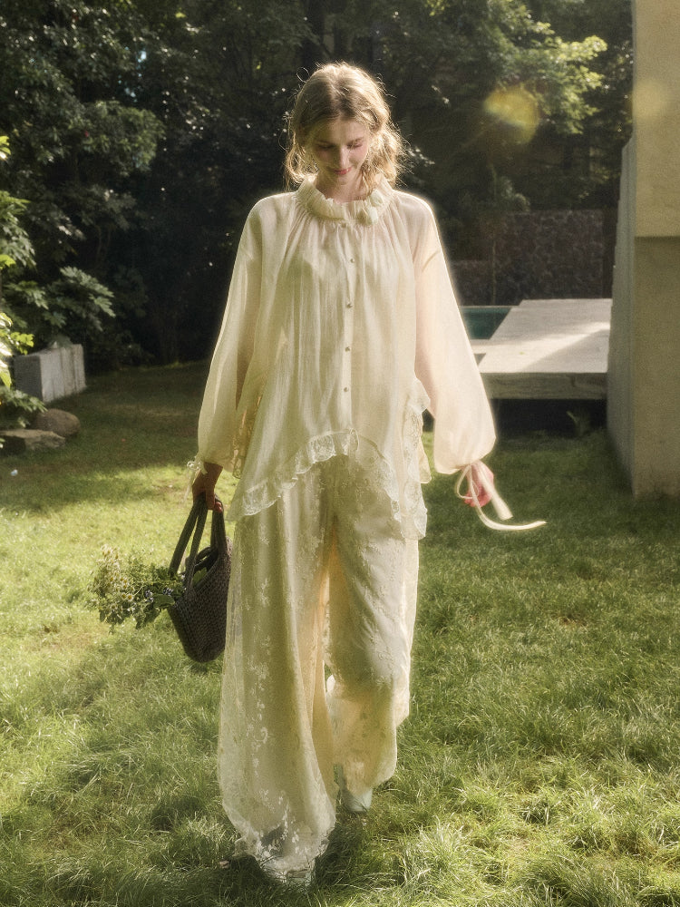 Lace Round Neck Trimmed Shirt - CHINASQUAD