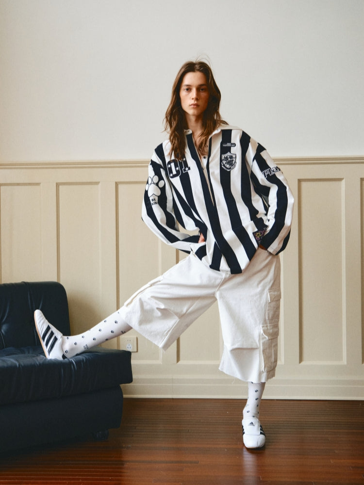 Black & White Striped Polo Shirt - CHINASQUAD