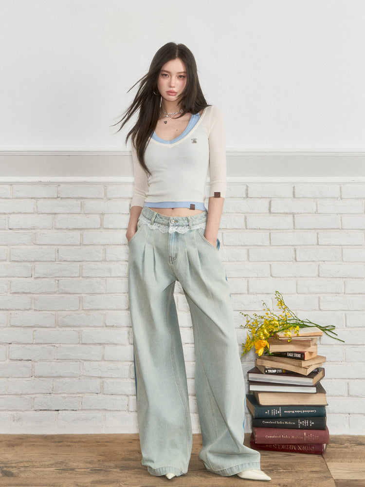 Lace-Panel Loose Straight Denim Jeans - CHINASQUAD