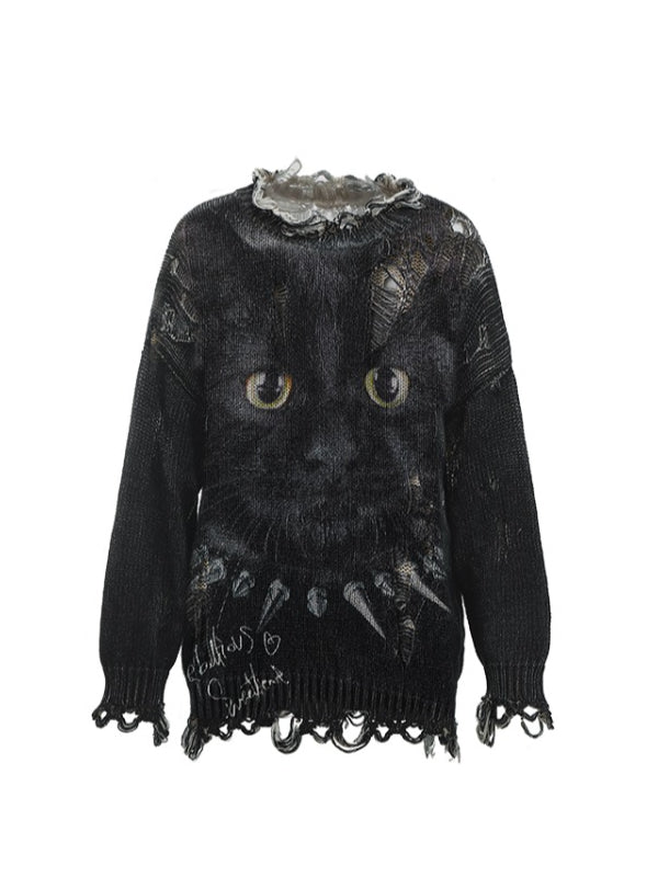 Cat Print Distressed Knit Sweater - CHINASQUAD
