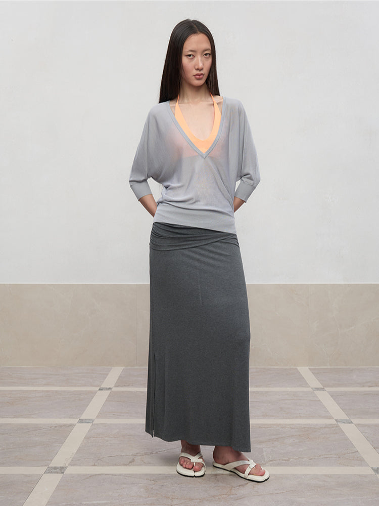 Deep V-Neck Bat-Sleeve Knit Cover-Up