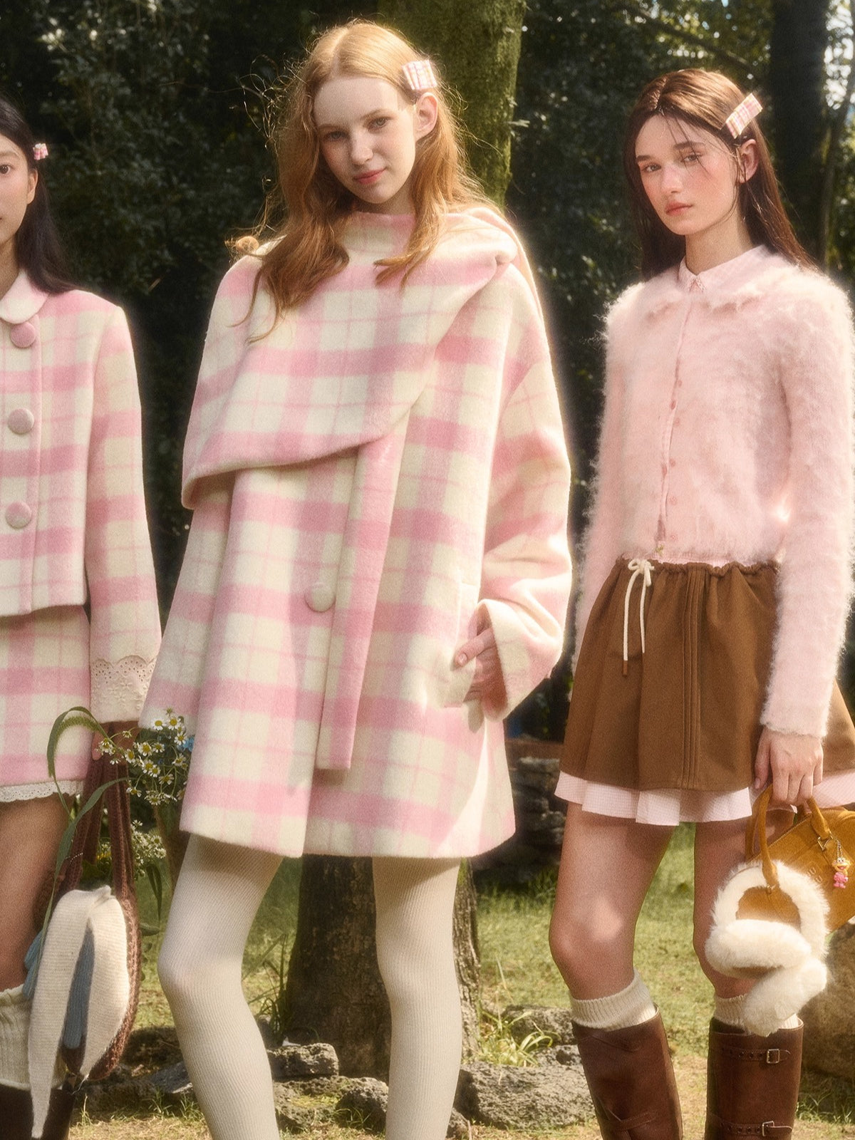 Baby Pink Raspberry Check Wool-Like Cape Coat