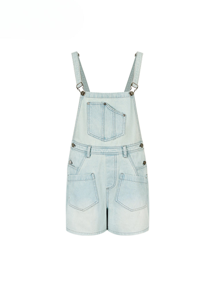 Light Blue Denim Loose Overalls Shorts - CHINASQUAD