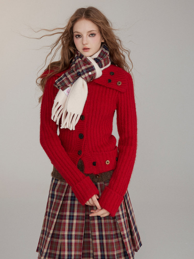 Patchwork Button Wool Pleated Skirt - CHINASQUAD