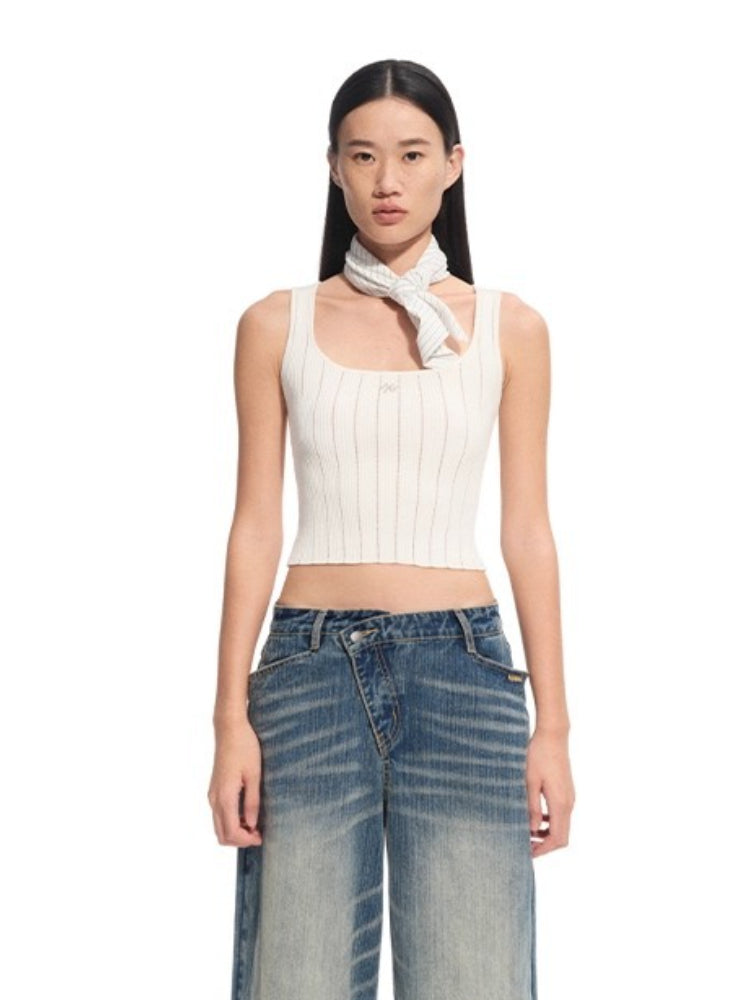 Hollow-out Square Neck Knit Tank Top - CHINASQUAD