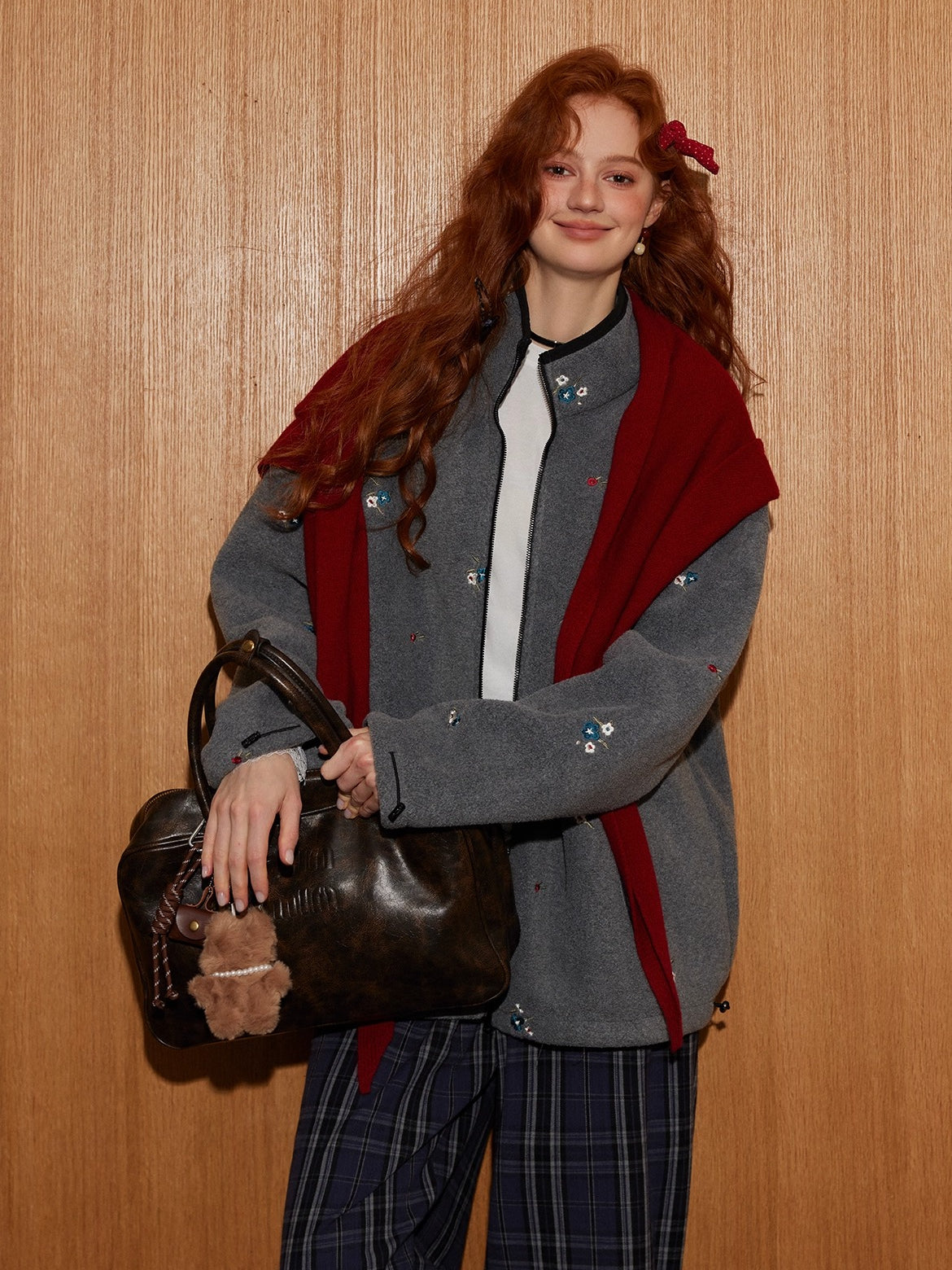 Floral Embroidered Plaid Fleece Oversized Jacket