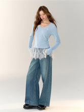Lace-Trimmed Gray V-Neck Long Sleeve Top - CHINASQUAD
