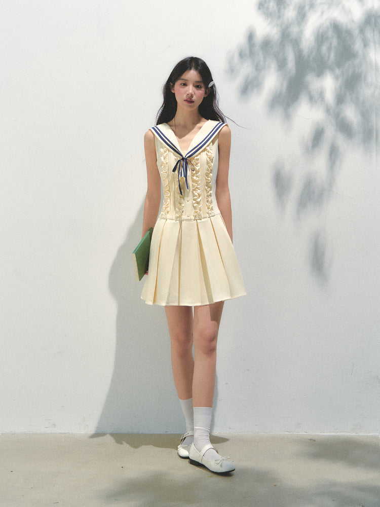 Detachable Sailor-collar Pleated Dress - CHINASQUAD
