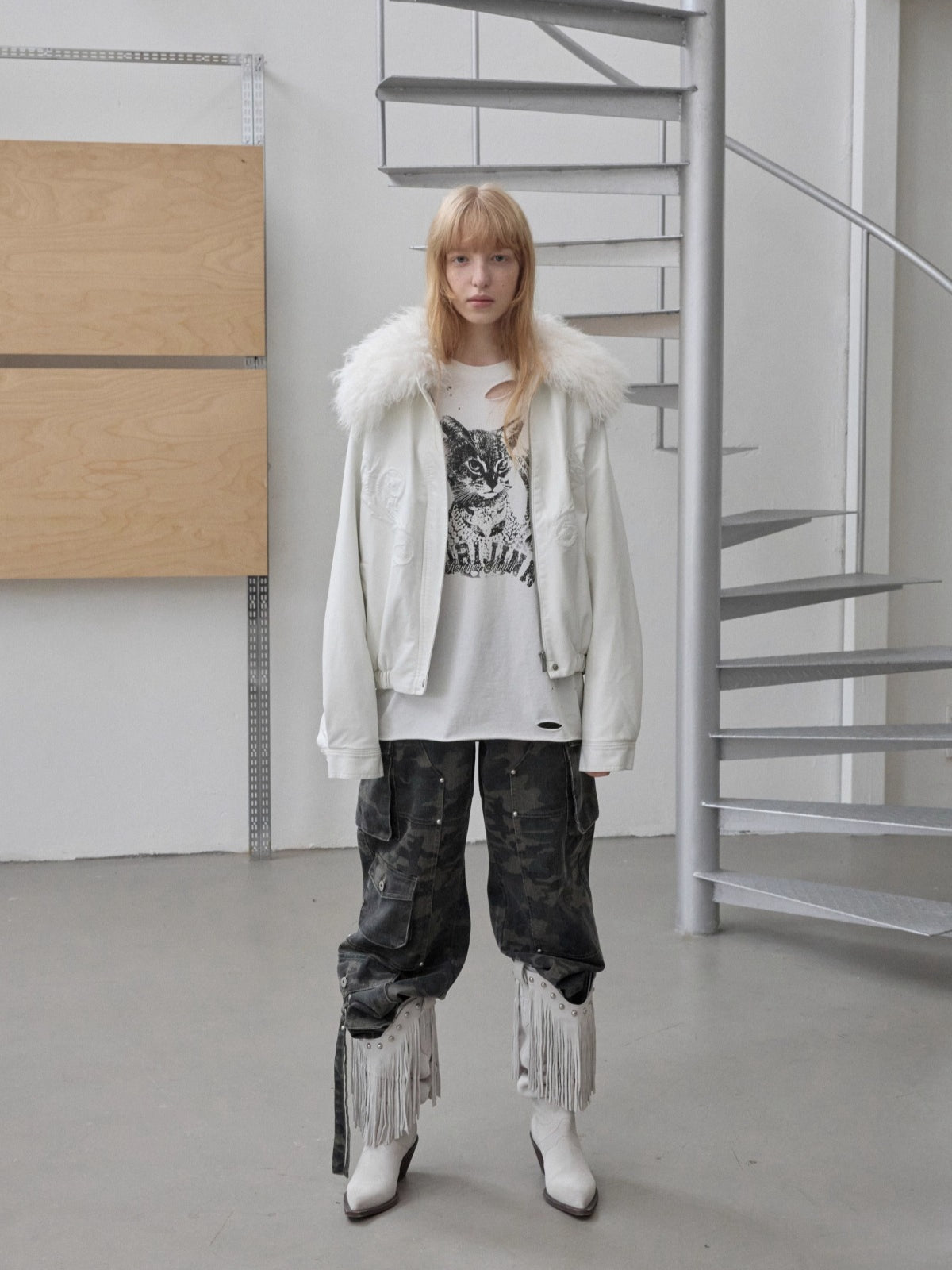 Embossed Faux Leather Puffer Detachable Fur Collar Jacket - CHINASQUAD