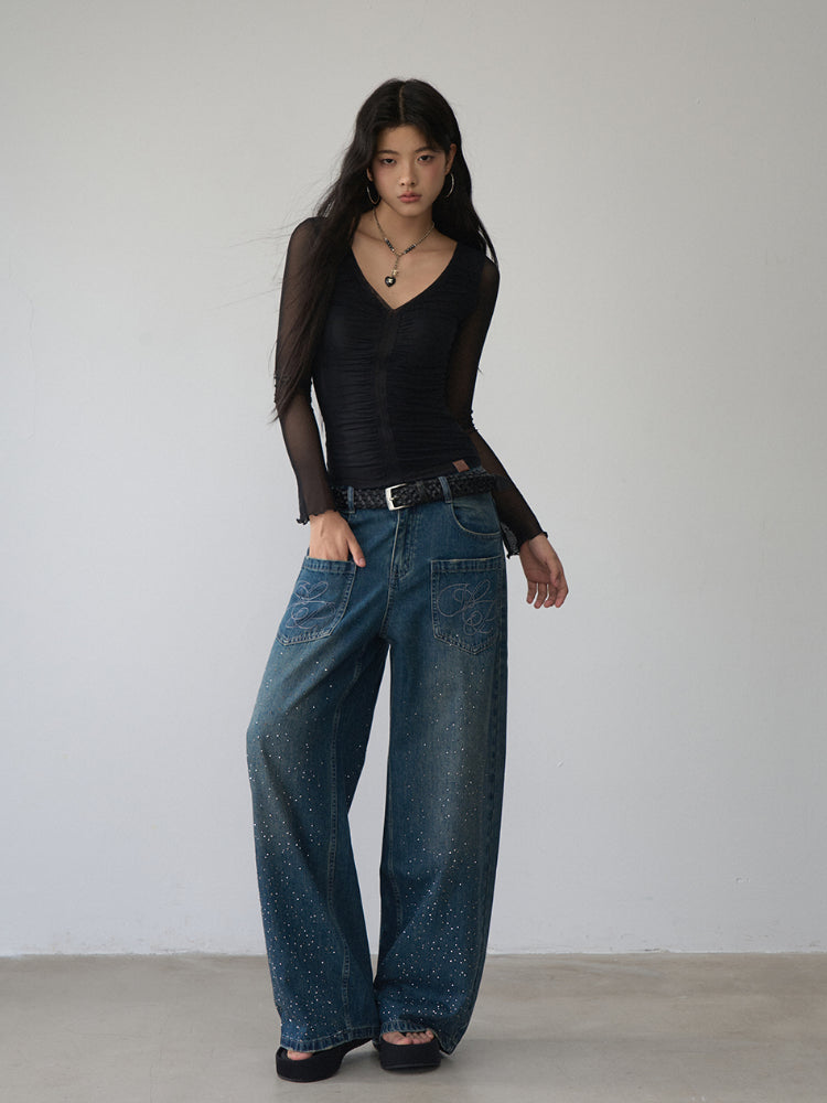 V-Neck Ruffled Mesh Slim Long-Sleeve Blouse - CHINASQUAD