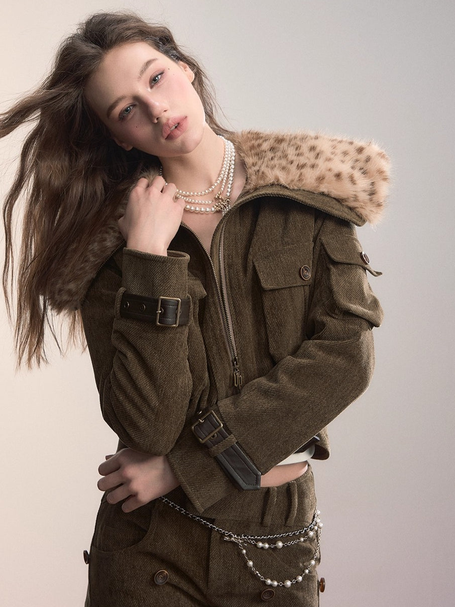 Leopard Faux Fur Collar Belted Puffer Jacket