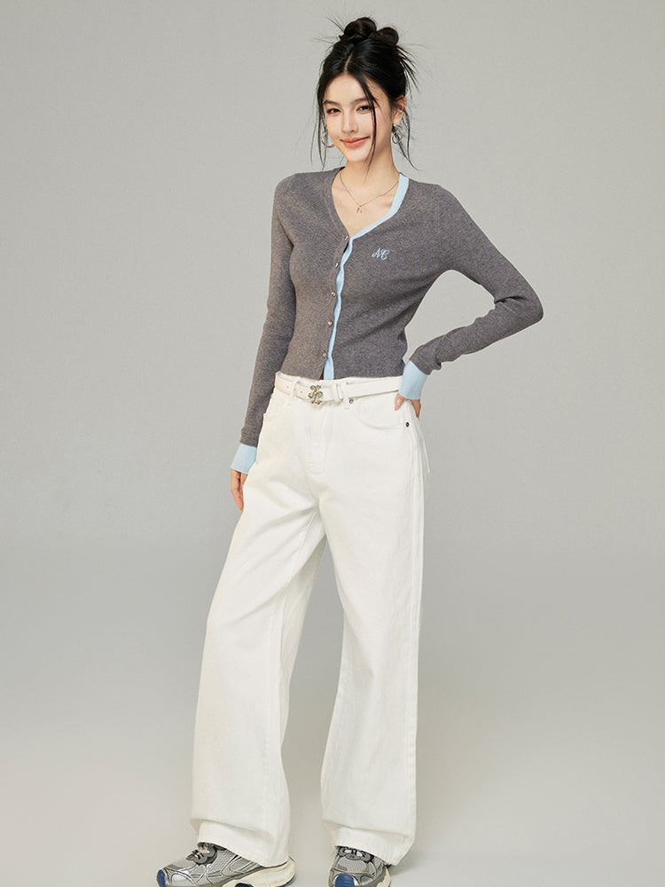 Contrast V-Neck Knit Cardigan - CHINASQUAD