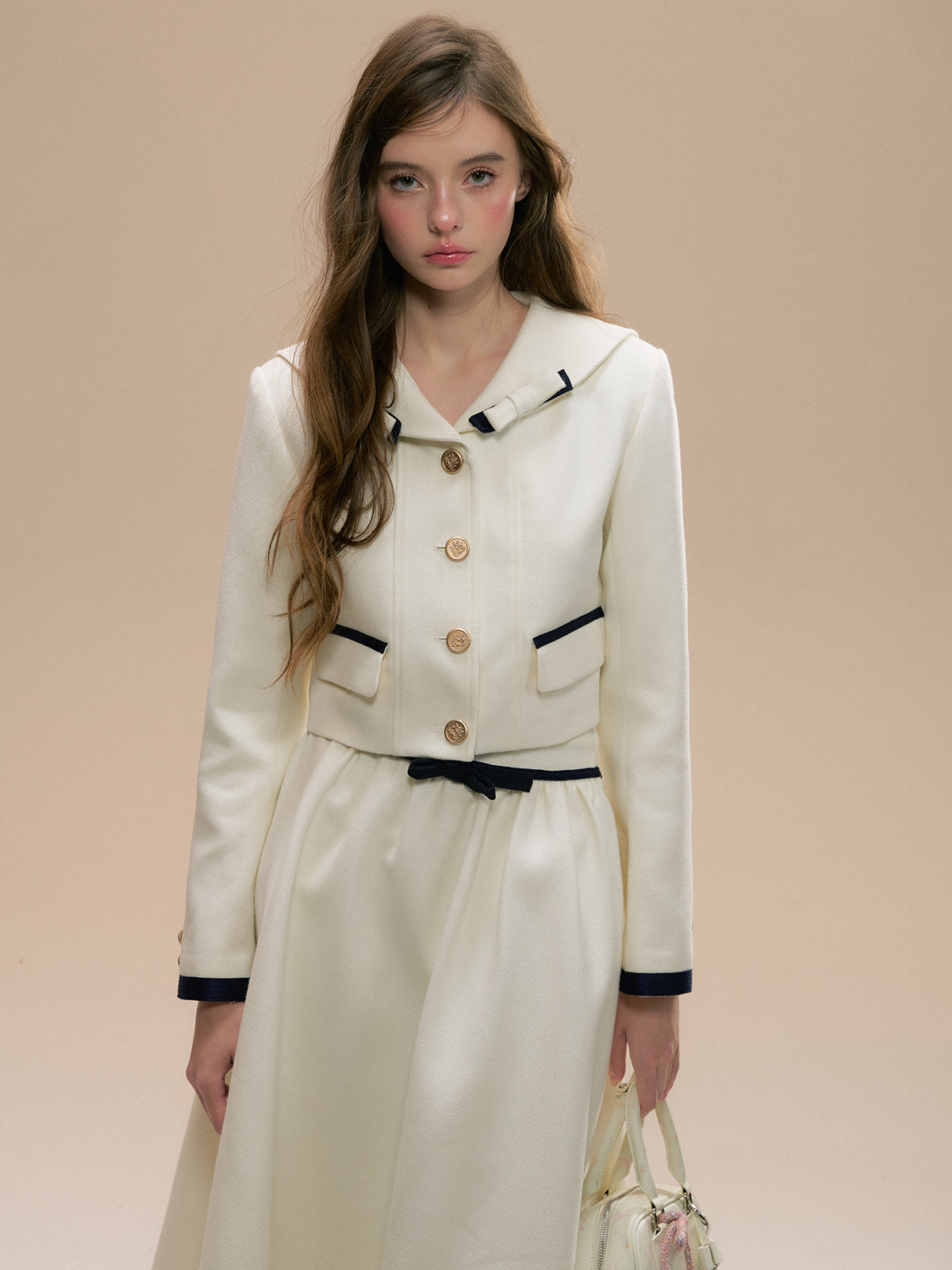 Off-White Navy Collar Wool Jacket Set - CHINASQUAD