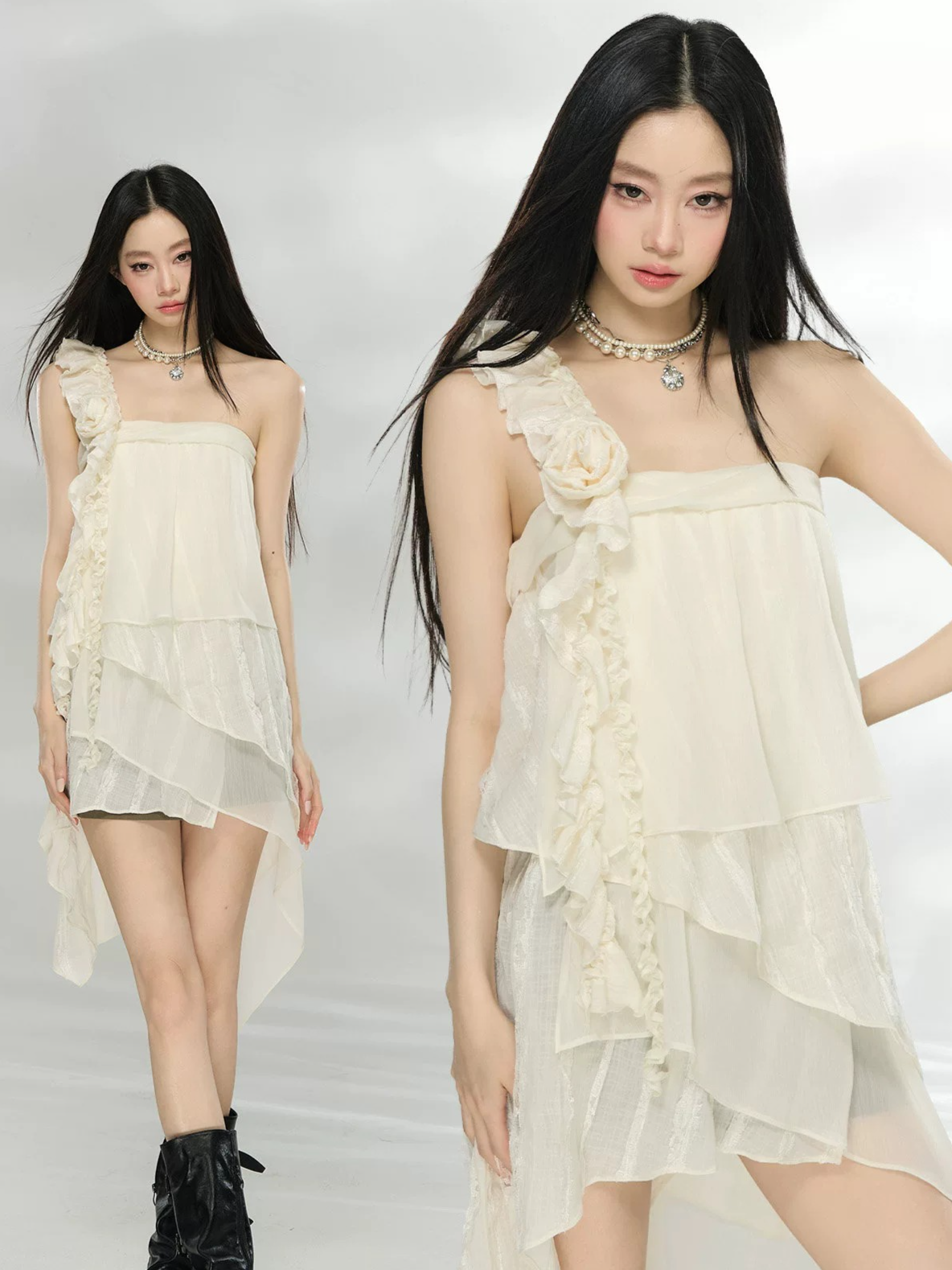Asymmetric Ruffle Rose Detail Layered Dress