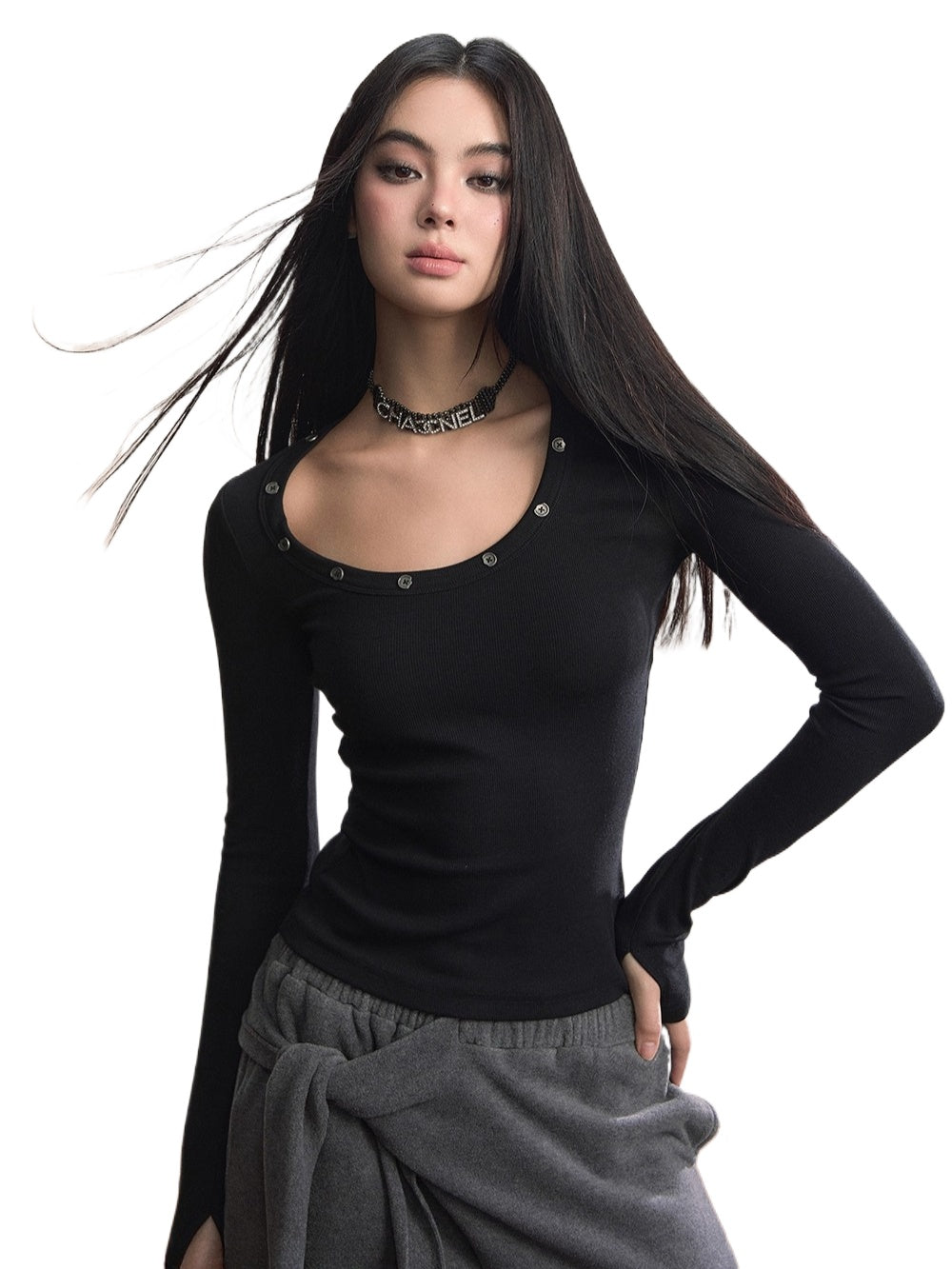 Studded Asymmetric U-Neck Knit T-Shirt