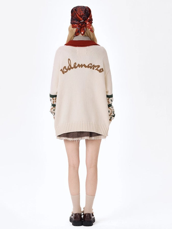 Window-View Pattern Retro Knit Cardigan