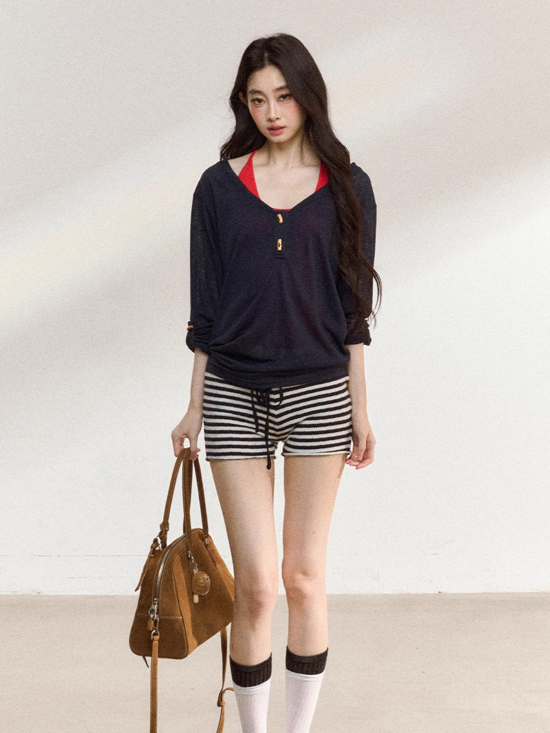 Stripes Contrast Knit Low-Rise Mini Shorts - CHINASQUAD