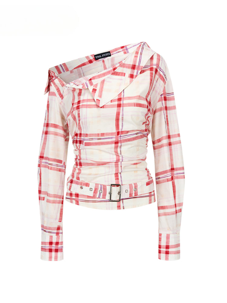 Off-Shoulder Pleated Waist Belt Short Shirt - CHINASQUAD