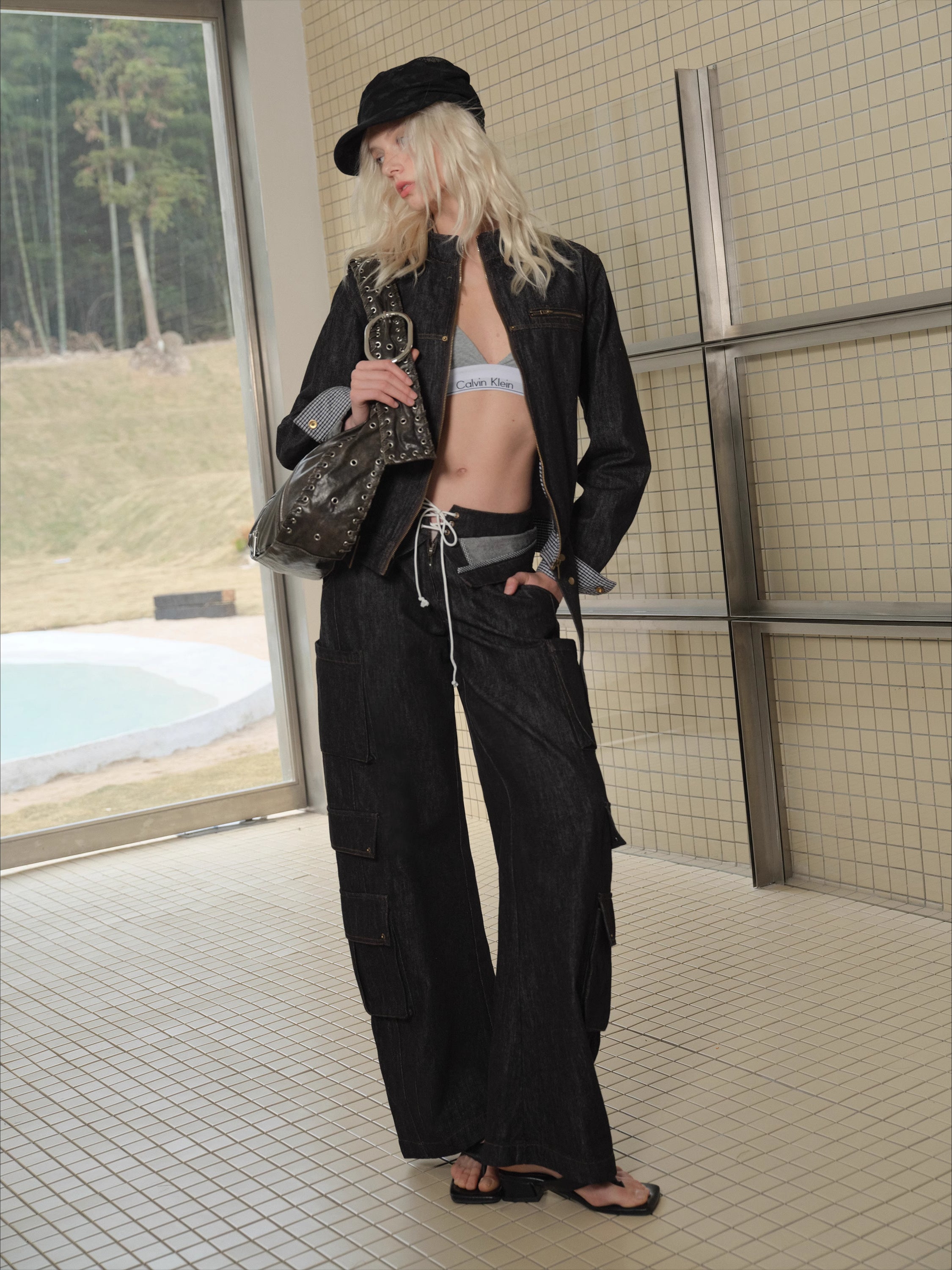 Multi-Pocket Double Waistband Denim Cargo Pants - CHINASQUAD