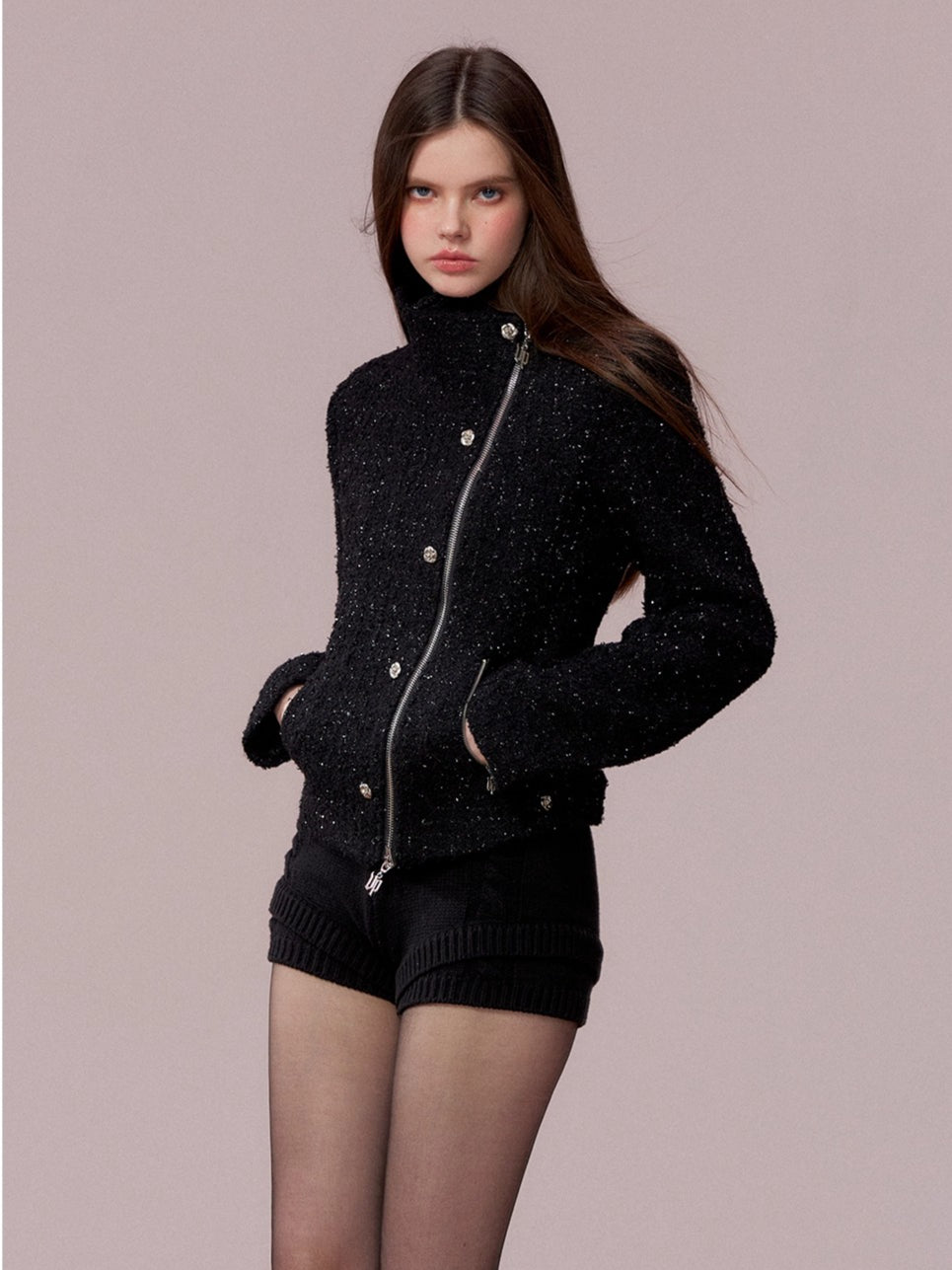 Rose-Button High-Neck Fitted Jacket
