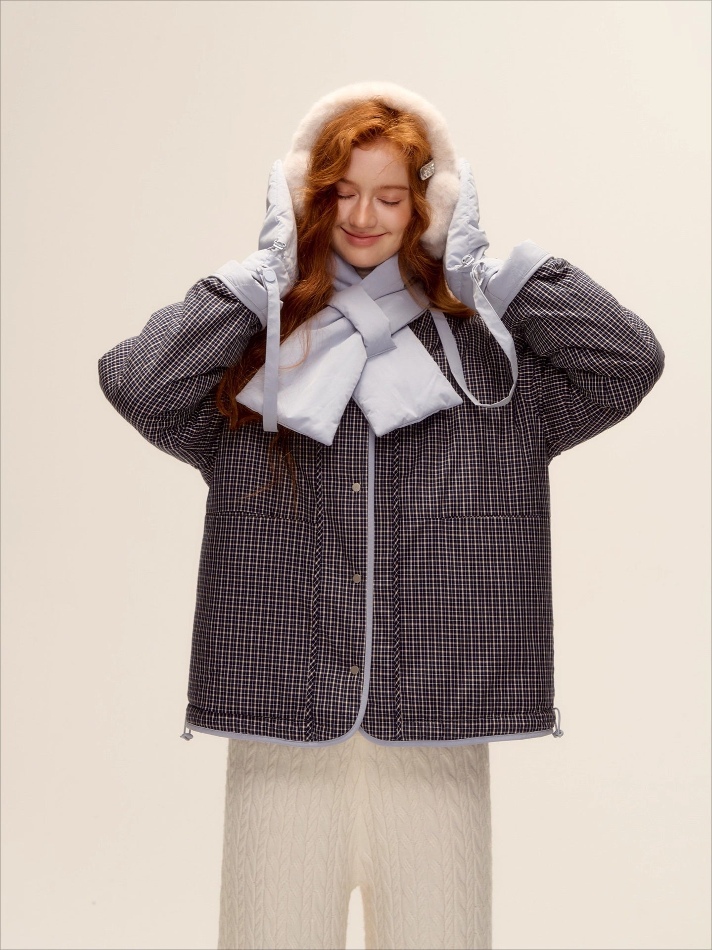 Vintage Blue Plaid Reversible Padded Jacket Set