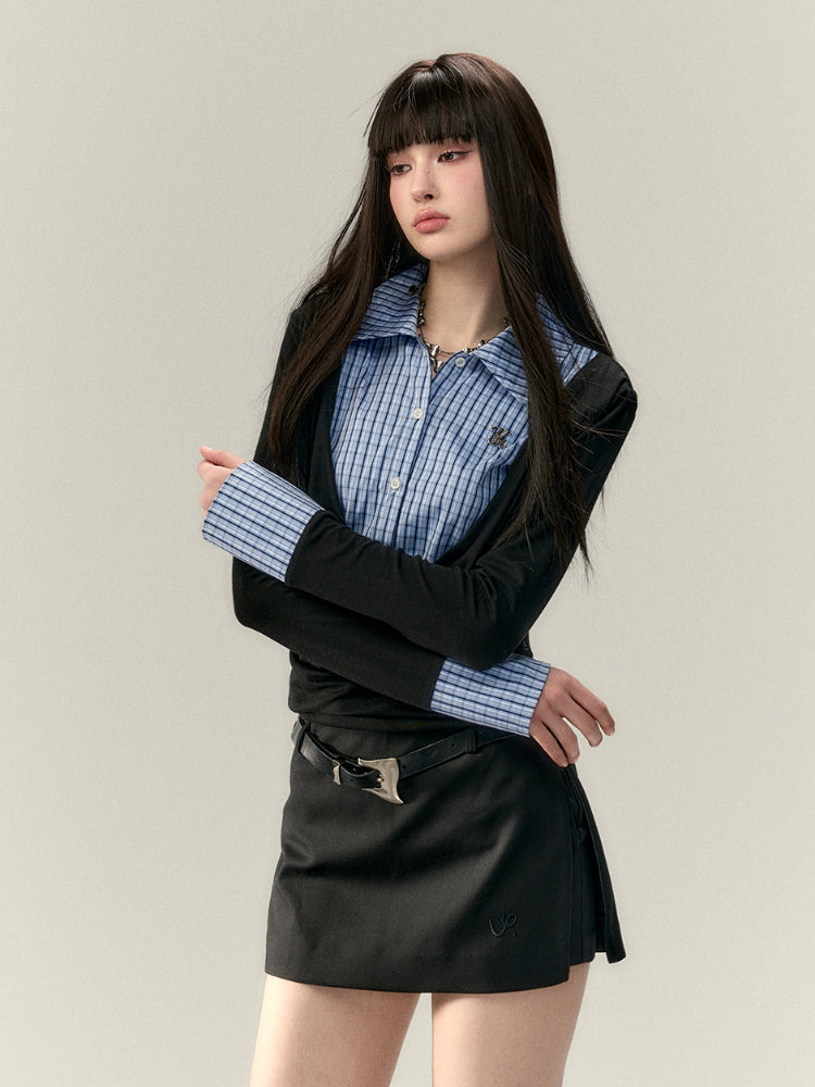 Fake Two-Piece Plaid Spliced Shirt - CHINASQUAD