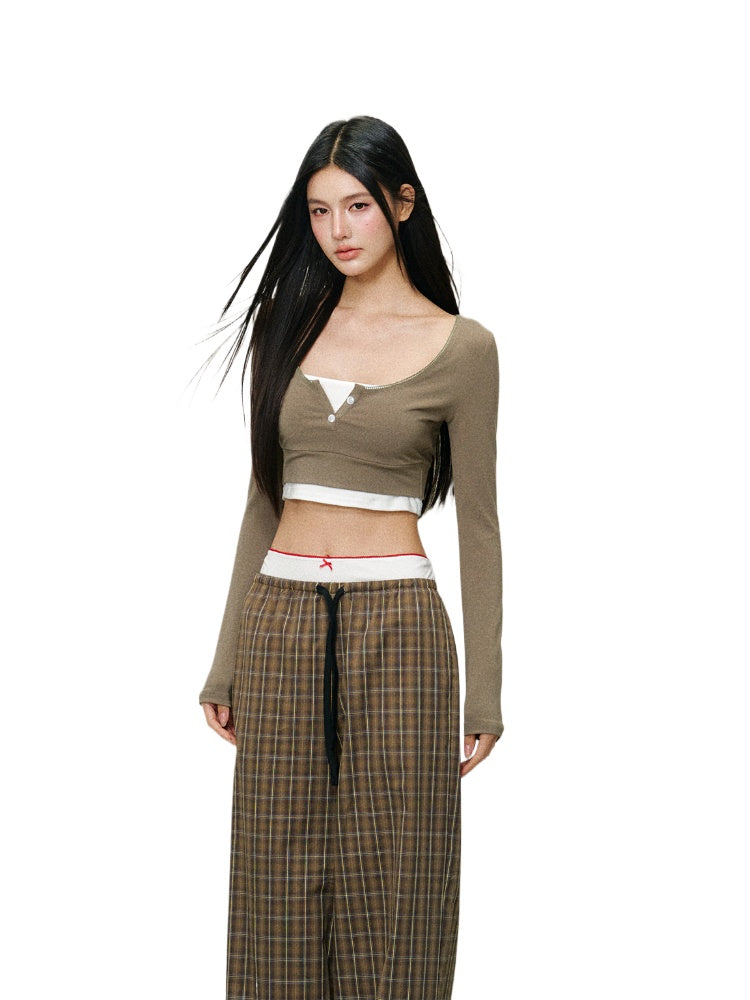 Mock Two-Piece Color-Block U-Neck Top - CHINASQUAD