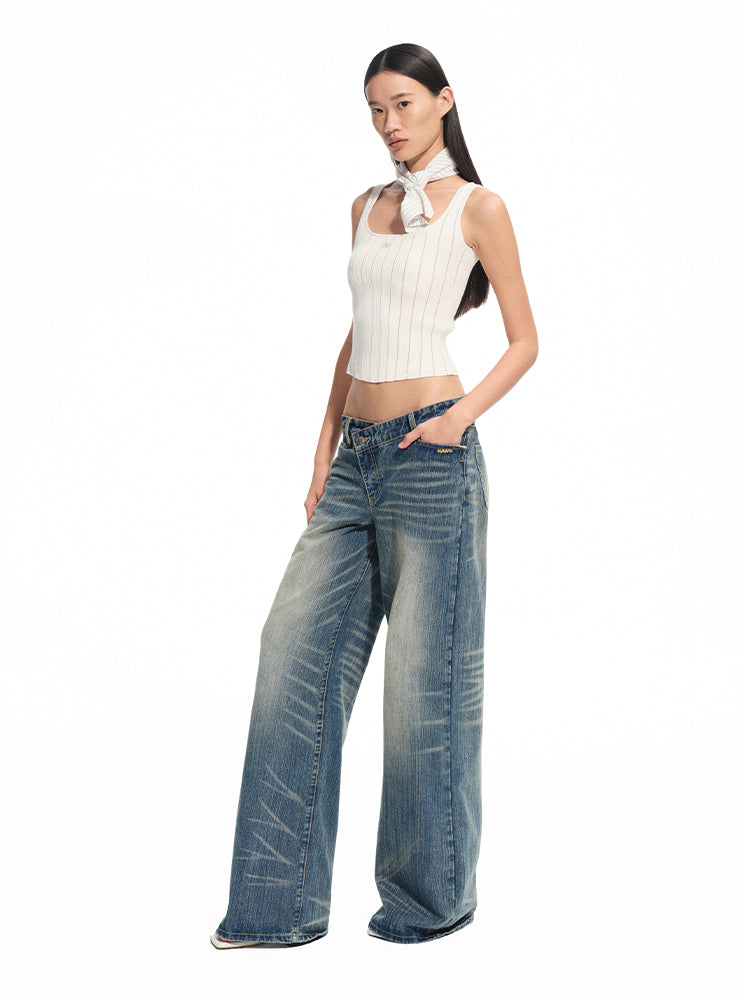 Washed Denim Low-waist Wide-leg Pants - CHINASQUAD