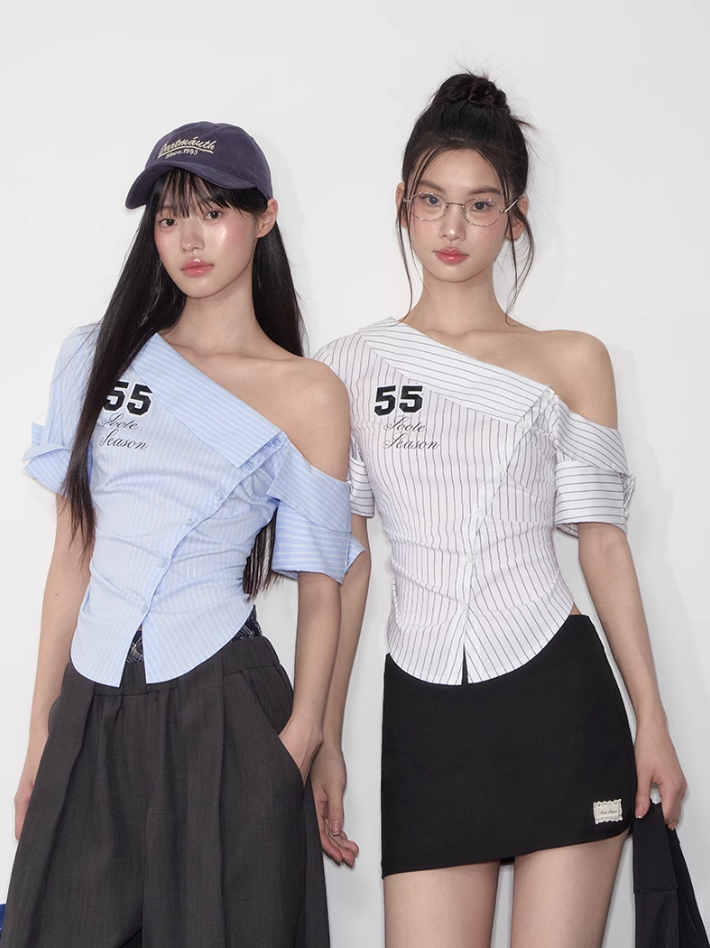 Pure-desire Asymmetric-shoulder Waist-cinching Blouse - CHINASQUAD
