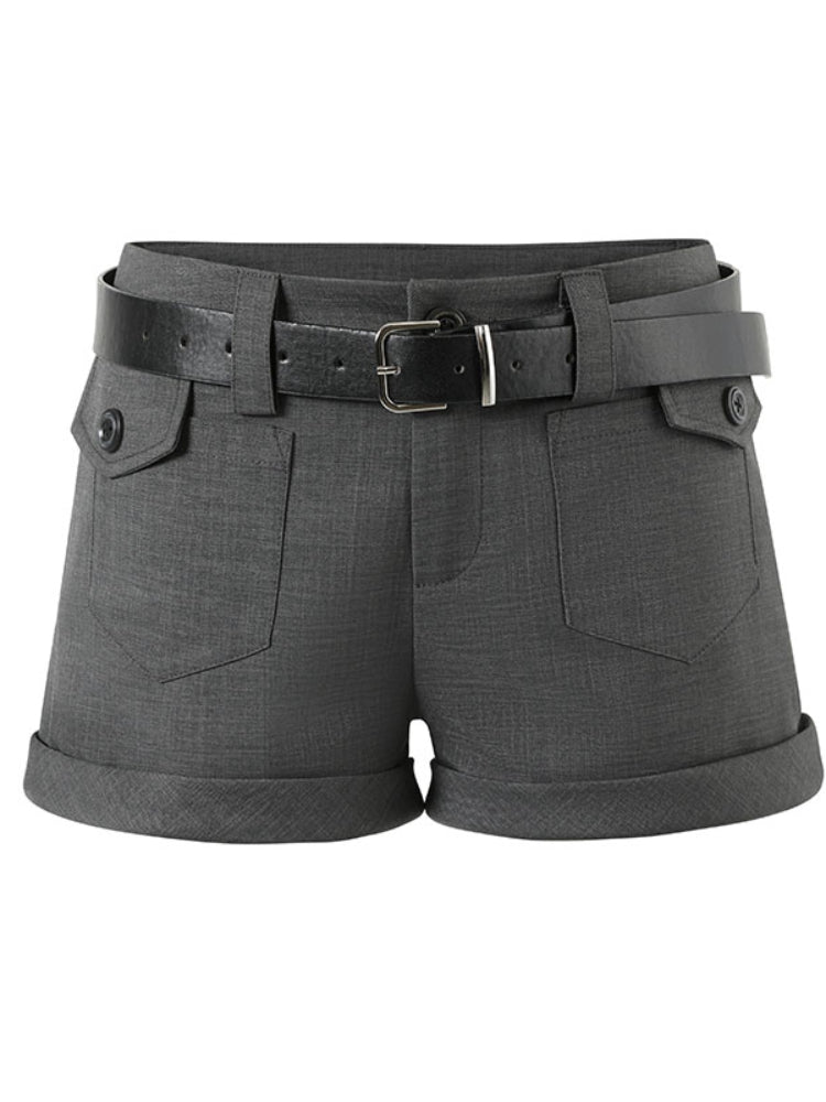 Grey Patch-Pocket Low Waist Suit Shorts - CHINASQUAD