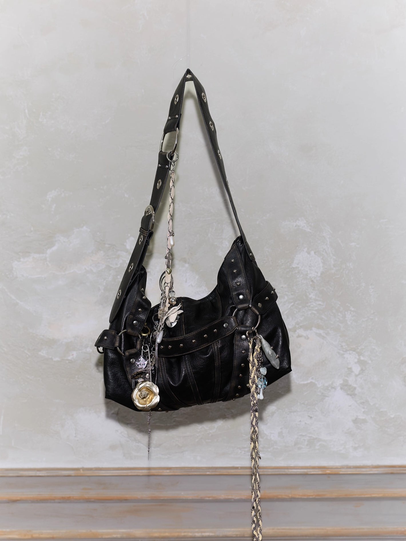 Vintage Studded Wide-Strap Crossbody Bag