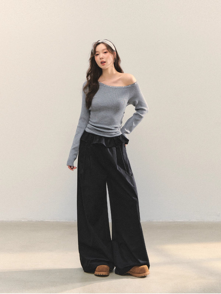 Pearl Decorated Waist-Cinched Knitted Crewneck