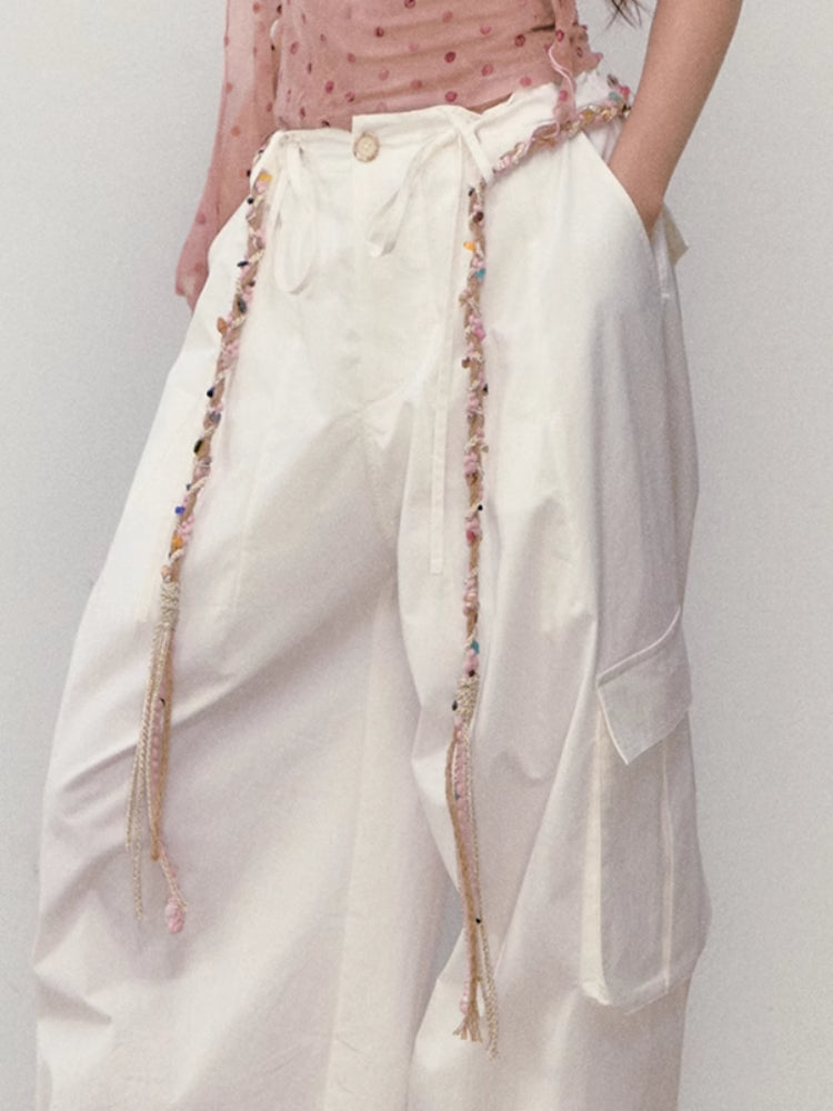 Wide-Leg Beaded Cargo Large Pockets Pants - CHINASQUAD