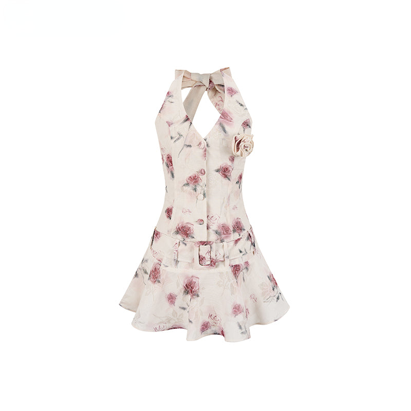 Apricot & Light Green Printed Halter Dress - CHINASQUAD