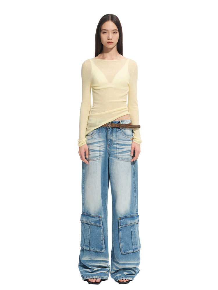 Washed Twill Denim Whisker Wide-leg Jeans - CHINASQUAD
