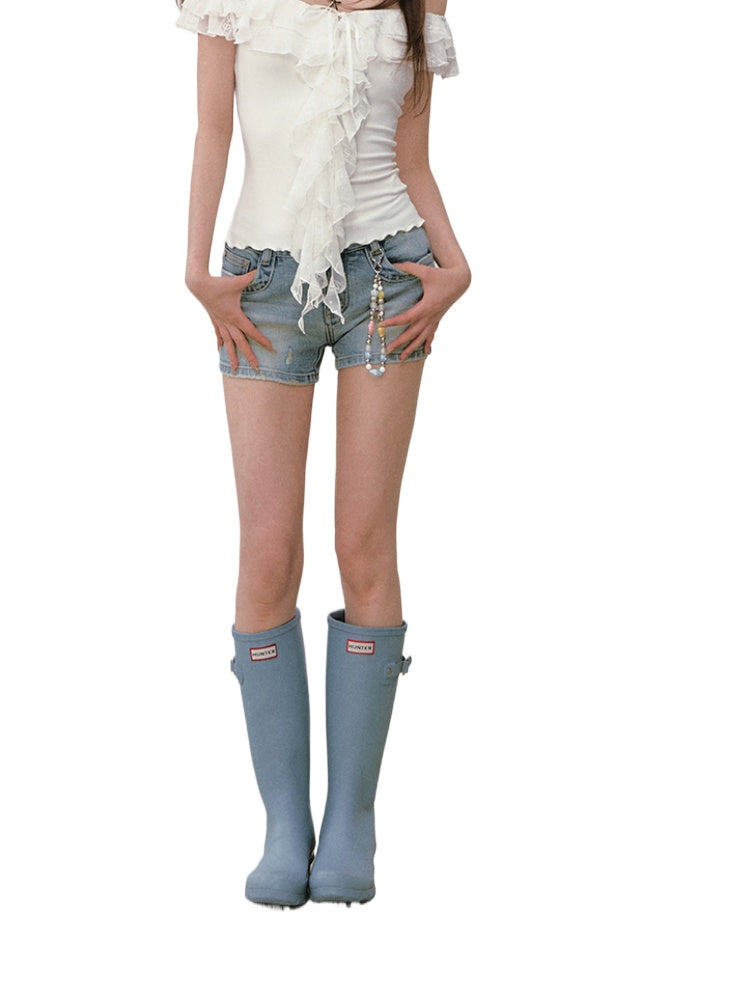 Rhinestone Embellished Denim Hotpants - CHINASQUAD